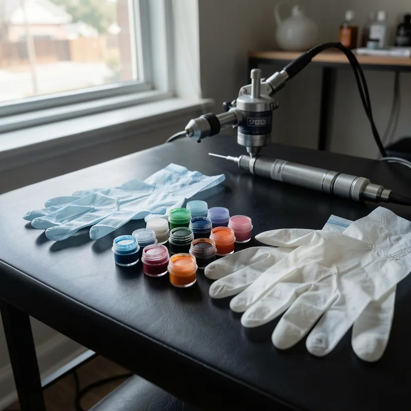 Tatoueur traçant un motif fine line sur un avant-bras, machine à tatouer et encre noire au premier plan